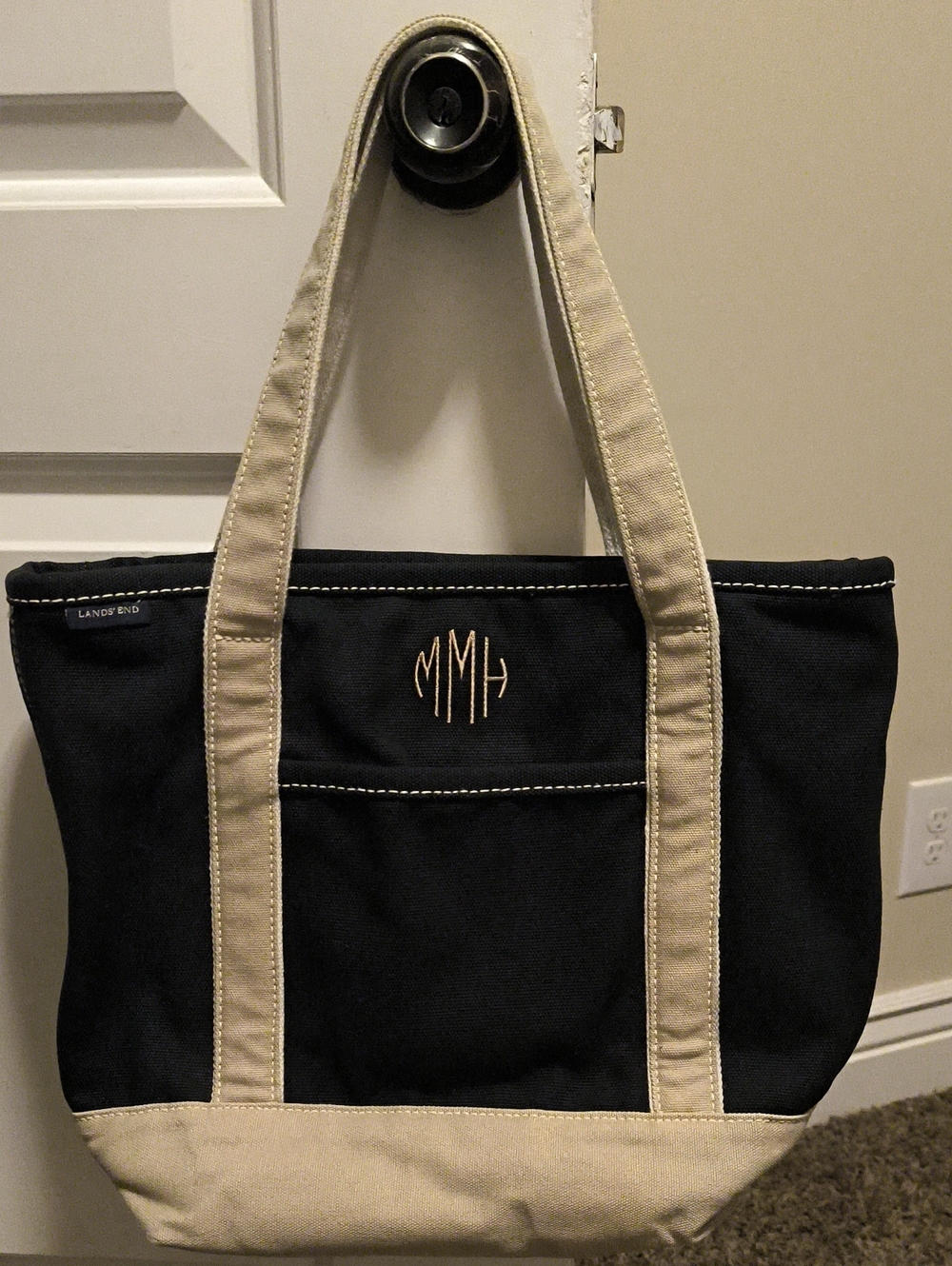 Lands' End Black Canvas Tote with Cream Trim